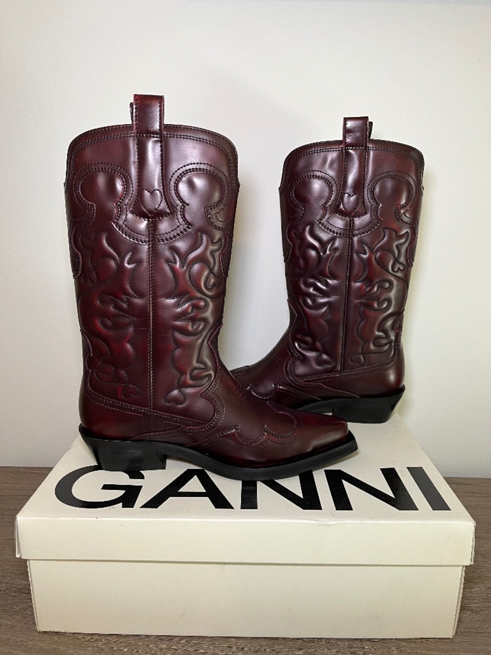 Ganni Women's Burgundy Faux Leather MidCalf Boots